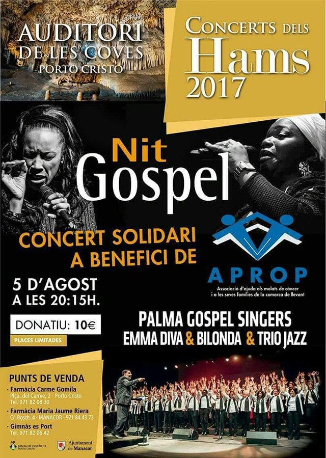 5 de agosto, Cuevas dels Hams: una noche de góspel.
Acompañados de Bilonda, Emma Diva y nuestros trío de músicos jazz.
A beneficio de APROP.