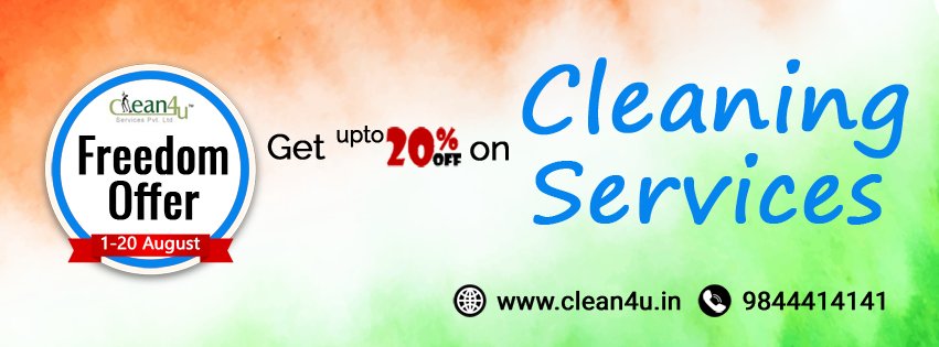 Clean4uservice's tweet photo. #Clean4u offers 20% off on all the #CleaningServices.
Book a Service @ https://t.co/xJPNMDKmJc
#IndependenceDay #Offers https://t.co/rEuc6bfWAM