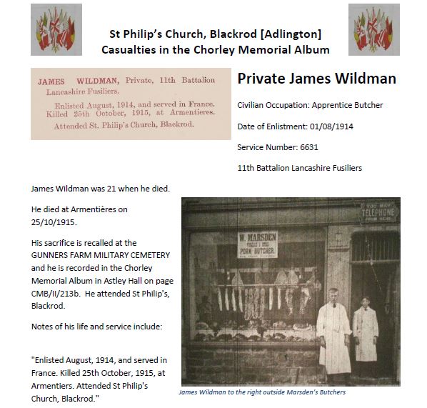 SKnight1921's tweet photo. James Wildman 11th Lancashire Fusiliers 25/10/1915 #SusannahKnight #WW1 #ChorleyMemorialAlbum II-213b Pics: apprentice Butcher; pub 1/8/1914 https://t.co/3uu67PjaR9