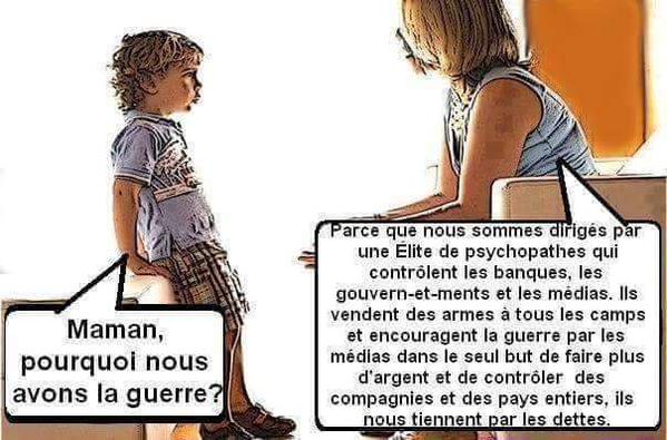 Aevalillith's tweet photo. - Maman pourquoi nous avons la guerre?
- Pcq ns sommes dirigés par une bande psychopathes qui possèdent les banques, les gouv et les médias https://t.co/GMdDR9OOrN