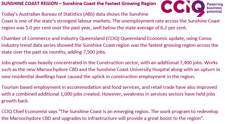 ChamberQLD's tweet image. #ABS Regional Labour data and CCIQ #QEU shows - #SunshineCoast - fastest growing region #qldpol #qldecon read more bit.ly/2gYQmPO