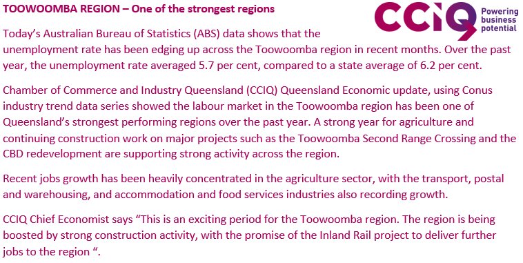 ChamberQLD's tweet photo. #ABS Regional Labour data &amp; CCIQ #QEU shows - #Toowoomba – One of the strongest regions #qldpol #qldecon read more https://t.co/4biEaDrVL7 https://t.co/BCB2c3vrpv