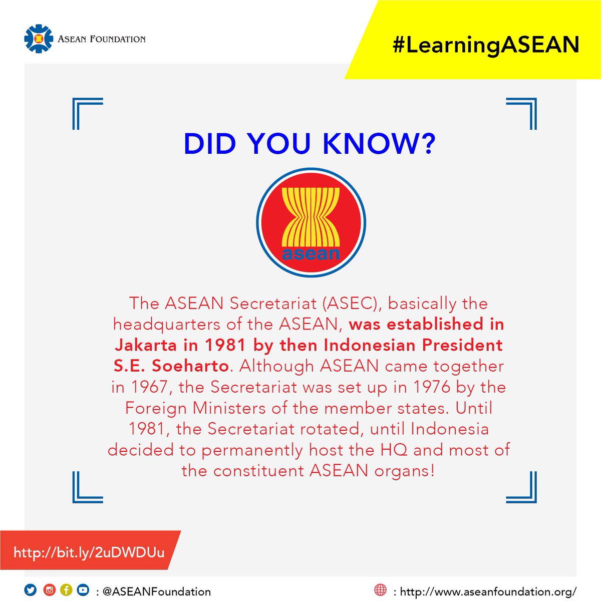 aseanfoundation's tweet photo. #LearningASEAN ASEAN Secretariat was est. in 1981 in Jakarta by President Soeharto! Learn more @ https://t.co/3CAGdbQ61z #ASEAN50 #beASEAN https://t.co/mebKGBEVux