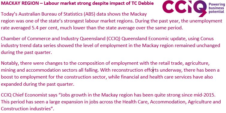 ChamberQLD's tweet photo. #ABS Regional Lab data &amp; CCIQ #QEU show #Mackay lab market strong despite impact frm #TCDebbie #qldpol #qldecon read https://t.co/4biEaDrVL7 https://t.co/DbvLbbtlSJ