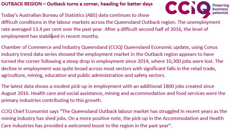 ChamberQLD's tweet photo. #ABS Regional Labour data &amp; CCIQ #QEU show #Outback turns corner, heading for better days #qldpol #qldecon read more https://t.co/4biEaDrVL7 https://t.co/ajupJrNcWR