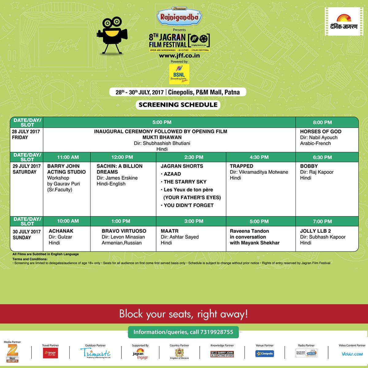 VeblrOfficial's tweet photo. Here's the schedule of #JFF2017 for our #PatnaChapter. Take a look! The biggest #FilmFestival is coming to your city this weekend. https://t.co/3jYQaEEmlT