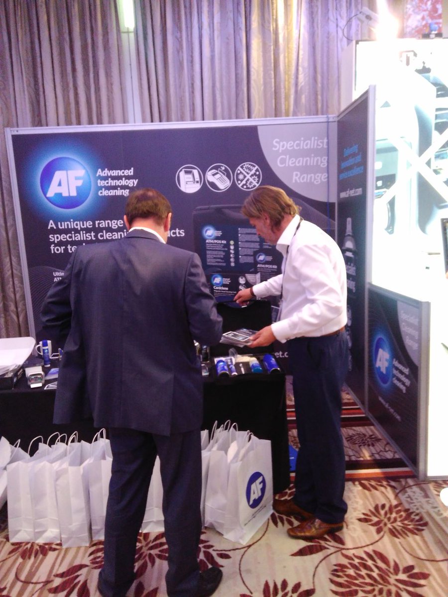 AFInternational's tweet photo. #TBT @ATM_Industry. Paul & Margaux are on hand to help cut your #atm breakdown costs with #cleaning #ATMsCash2017 https://t.co/Q2YSs93u91