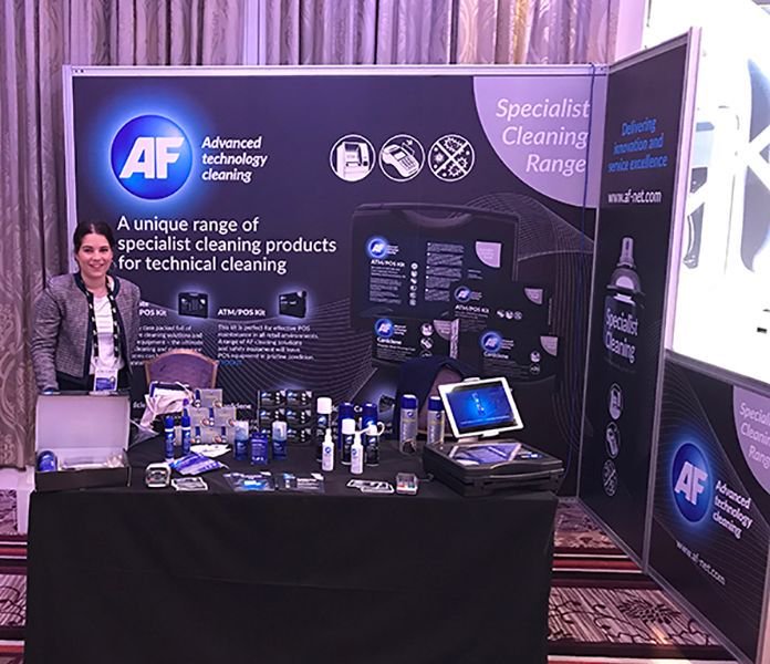 AFInternational's tweet photo. #TBT @ATM_Industry. Paul & Margaux are on hand to help cut your #atm breakdown costs with #cleaning #ATMsCash2017 https://t.co/Q2YSs93u91