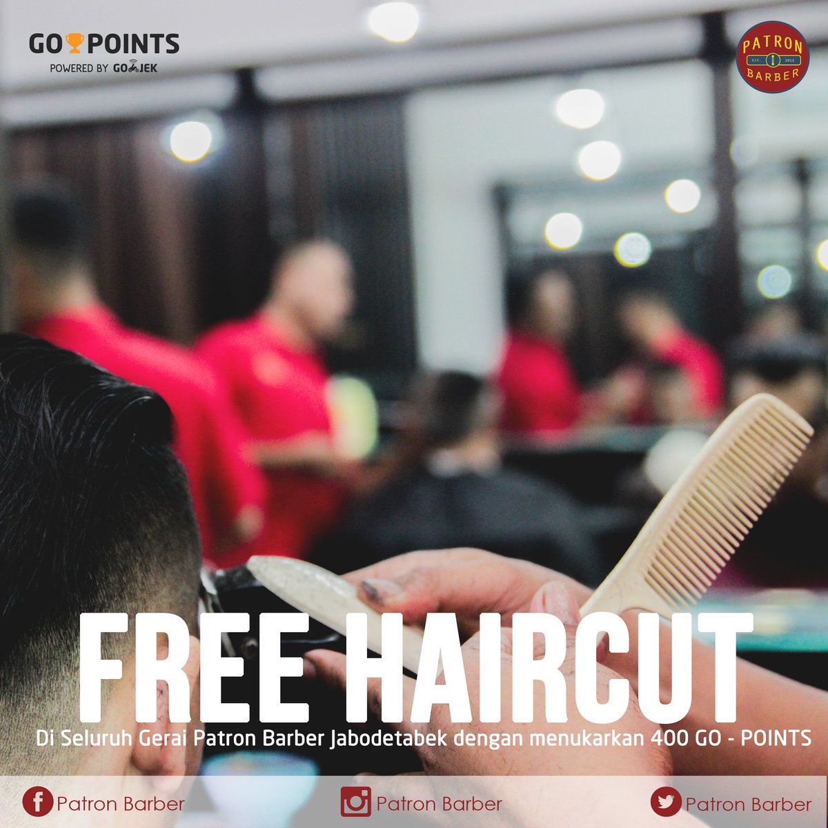 PatronBarber's tweet photo. Tukarkan 400 poin di GO-POINTS Anda &amp; dapatkan GRATIS PANGKAS RAMBUT DEWASA di seluruh gerai Patron Barber di Jabodetabek* *t&amp;c applied https://t.co/KDl4FaHabh