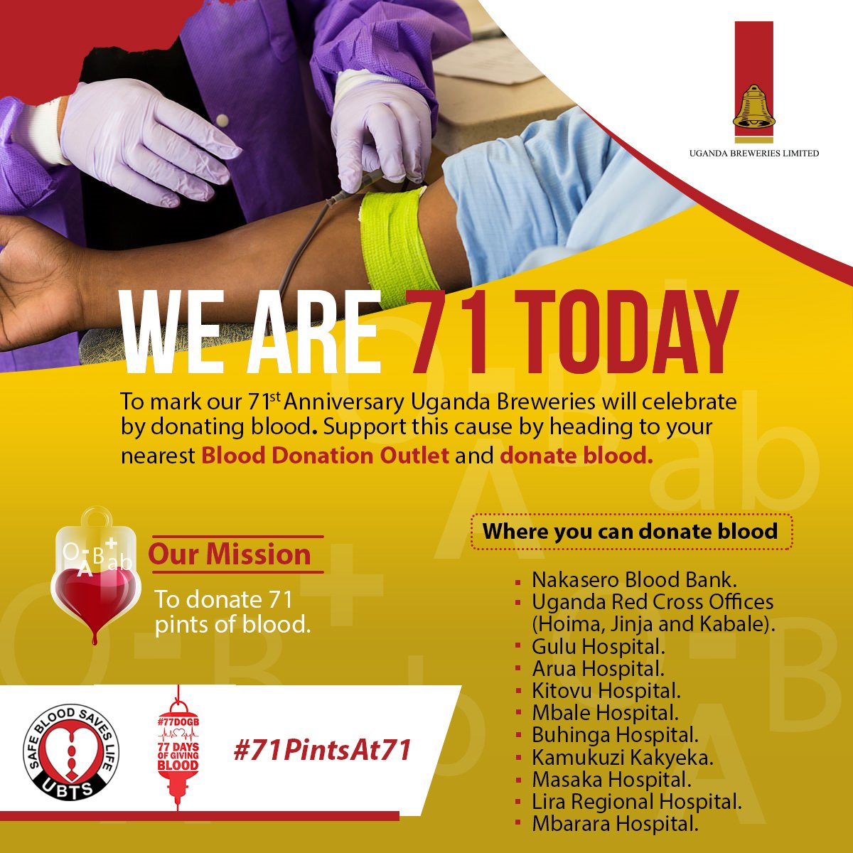 77DOGB's tweet photo. @UgandaBreweries celebrating 71yrs of changing https://t.co/XV1yEt4Qow they give back by donating blood to save lives
#71PintsAt71
#77DOGB https://t.co/Jjdo2OSZZq