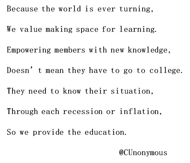 CUnonymous's tweet image. Day 5 of #7CooperativePrinciplesPoemWeek and congrats to @WOCCU for a fantastic #WCUC2017 #CoopPrinciple5 #Education  @icacoop
