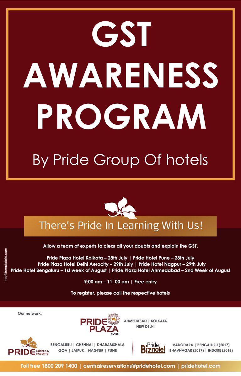 ThePrideHotels's tweet image. #GST has created a buzz and it might bring a change in the economy. Come and be a part of the #GSTAwarenessProgram at #PrideHotels.