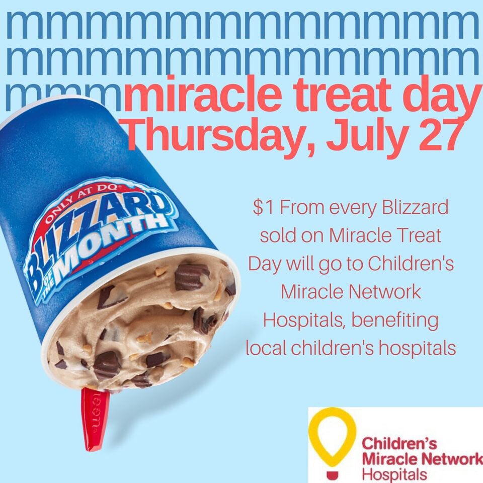 Go out and buy a blizzard to support CMN hospitals. Like and Retweet so we can win 💰💰 towards ours! #MiracleTreatDay #DM4MiracleTreatDay