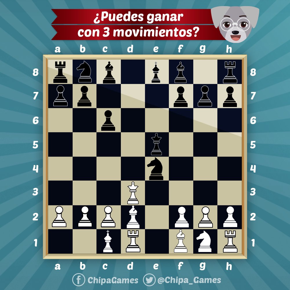 Chipa_Games's tweet photo. Hoy uno un poco más difícil😨
¿Conseguirás mate con... 3 movimientos?😲🤔
#Acertijo #RetoMental #Trivia #Adivinanza #Ajedrez #Puzzle #Mate3 https://t.co/A8ha9PYkwh