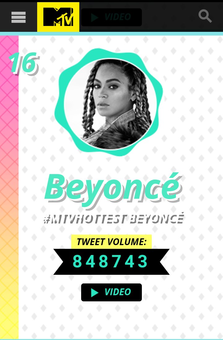 Stanning4Talent's tweet photo. Beyoncé has moved up 5 spots to #16.  Retweet to continue racking in votes for The Queen of VMAs! 

#MTVHottest Beyoncé https://t.co/rw0j0WXOc6
