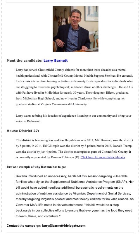 BlueDominion's tweet photo. #TBT to last week's issue of "Flip a District" ft. @Barnett4Del, @bfinnegan, @wcrandall &amp; @debrarodman73 - follow them for campaign updates! https://t.co/M49fQBcR3p