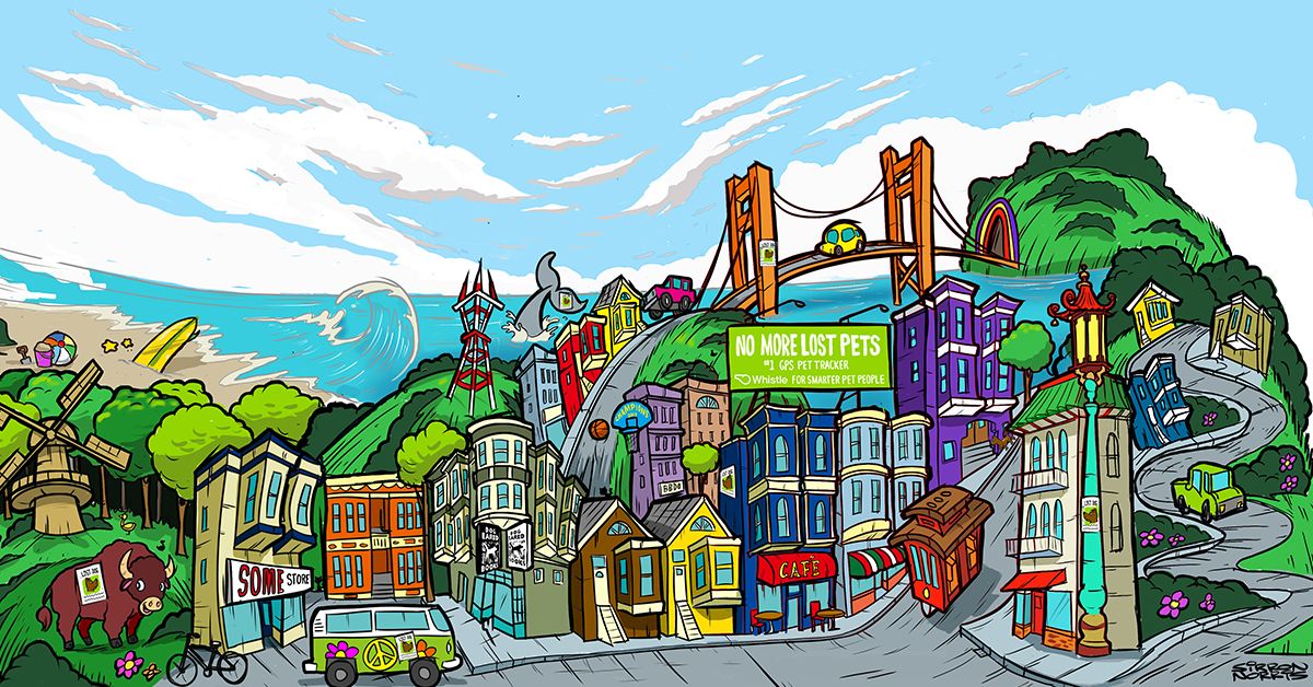 dodo's tweet photo. Can you spot the lost dog in the mural? For every retweet @Whistlelabs will donate $1 to Family Dog Rescue. Help them reach their $10K goal! https://t.co/P2gPYQmaFC