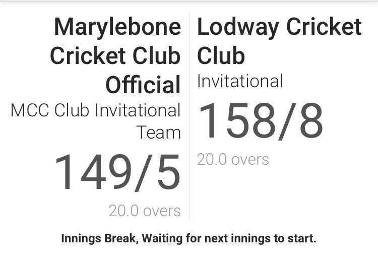 LodwayCC's tweet image. LODWAY LATEST 🏏

Halfway scores:
MCC: 1st innings 149/5 (20 overs)
Lodway: 1st innings 158/8 (20 overs)
#Lodway150🦈