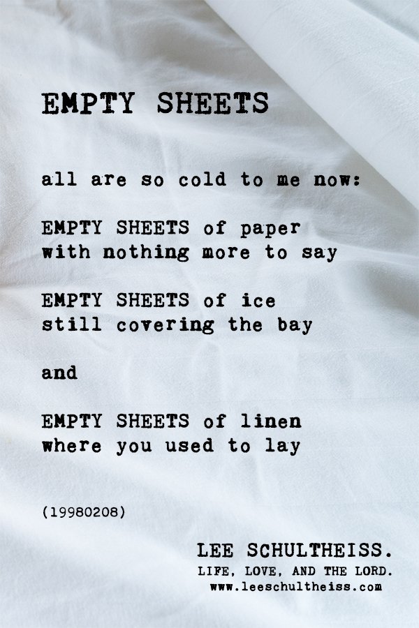 leeschultheiss's tweet image. EMPTY SHEETS: all are so cold to me now... a.co/9iv9oiX