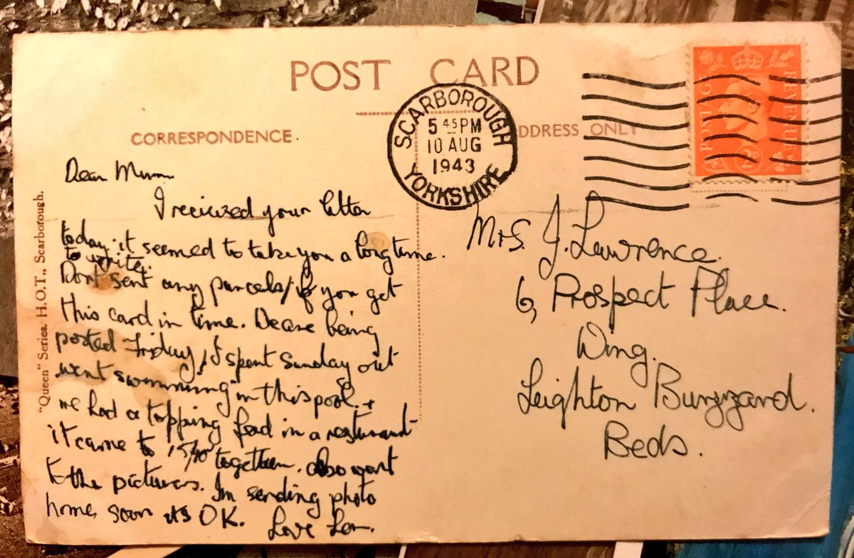 PastMessages's tweet photo. Scarborough, 1943:

I received your letter today, it seemed to take you a long time. Don't send any parcels, we are being posted Friday https://t.co/DT3O9DGGxv