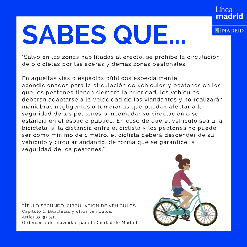 ¿Sabes que...? ⛔🚴
« [...] se prohíbe la circulación de bicicletas por las aceras y demás zonas peatonales [...]» 👉 goo.gl/TNV10A