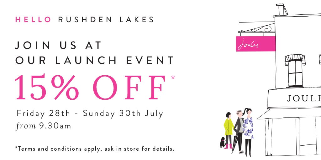 Joulesclothing's tweet photo. Come to our Rushden Lakes store launch on Friday 28th July! Enjoy 15% off until Sunday, a photo booth &amp; surprise giveaways. See you there! https://t.co/2IXKy0fZfG