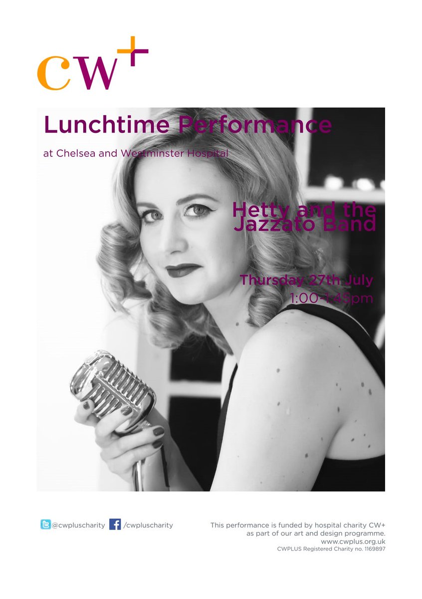 cwpluscharity's tweet photo. Today at 1pm our free #LunchtimePerformance @ChelwestFT features Italian swing band @JazzatoBand. Come along for a groove! #musicinhospital https://t.co/0MdWatOJqj