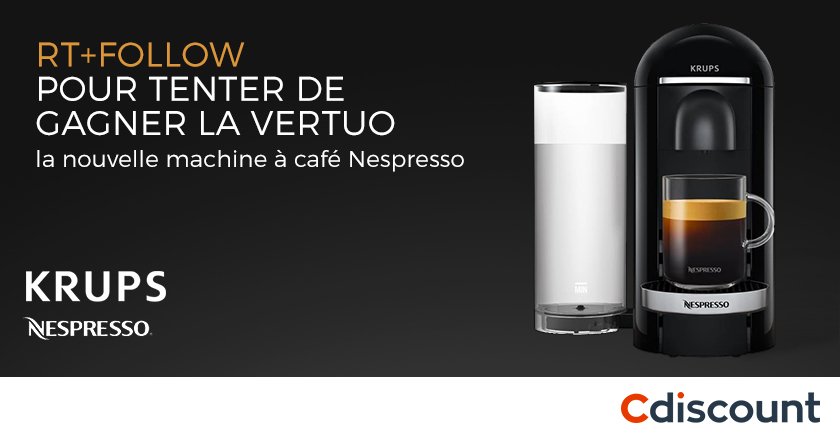 Cdiscount's tweet photo. 🎁 #Concours

☕️ Machine à café Nespresso Vertuo à gagner ➝ https://t.co/Av1of1VvRA

🚀 Pour participer : 
RT + Follow @Cdiscount

🏁 TAS 04/08 https://t.co/tgo6cWIteT