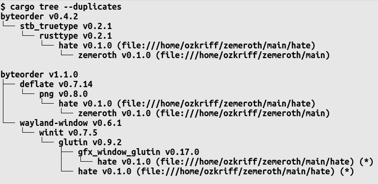 ozkriff's tweet photo. It turns out not many @rustlang programmers know that `cargo tree` has a helpful `--duplicates` option!

#rustlang #programming #software https://t.co/ZvrNZ4blGb
