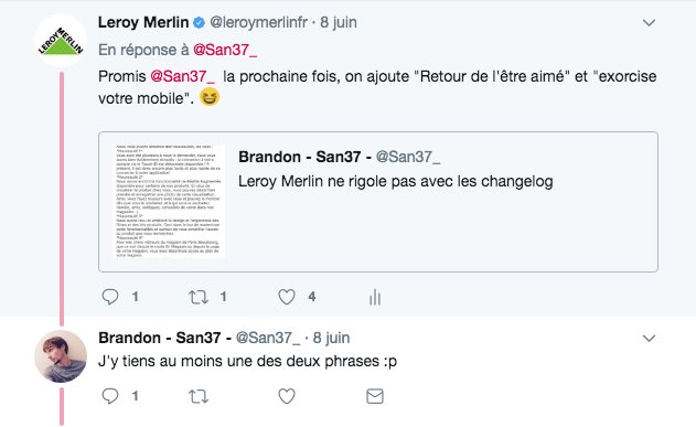 leroymerlinfr's tweet photo. Coucou @San37_ ! Défi lancé, défi relevé ! #AppUpdate #exorcisme #changelog https://t.co/TtNfOgJUEF