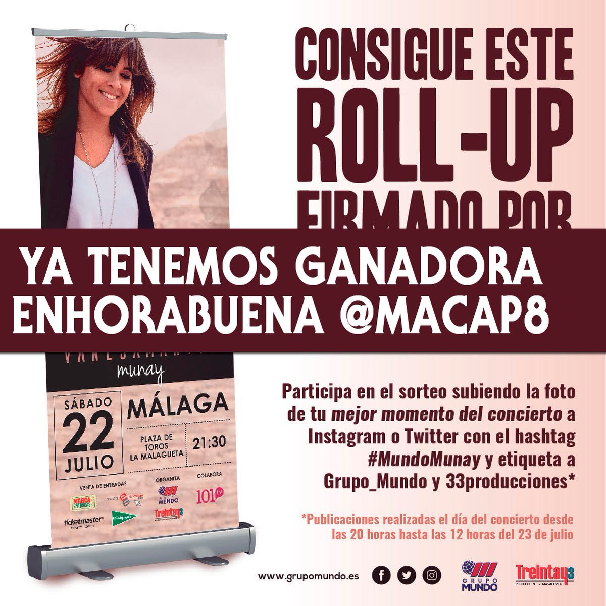 Grupo_Mundo's tweet photo. Atención, ya tenemos ganadora del sorteo del roll-up firmado por @vanesamartin_ #MundoMunay y es...@MacaP8 que participó vía Twitter. https://t.co/jo6wSLE5BY