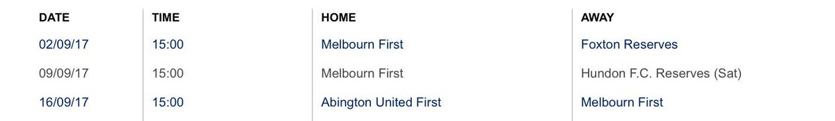 🔵⚽ The <a href="/CambsLeague/">Cambs County League</a> fixtures are out! ⚽🔵
We start with 2 home games, against <a href="/FoxtonFCRes/">Foxton FC Reserves</a> &amp; <a href="/HundonRes/">Hundon FC Reserves</a> followed by a trip to <a href="/Abington_FC/">Abington United FC</a>