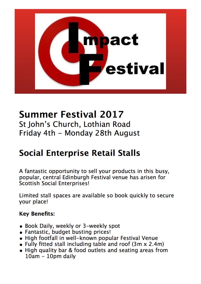 bbsevents's tweet photo. Fab Opp. for Soc Ents to trade @edinfest for budget price!
Impact Festival - St John’s Church. Prices start at £50 +vat! Get in touch! https://t.co/jFg0wzVE4D