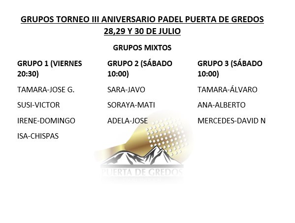 puertadegredos's tweet photo. Horarios Torneo III Aniversario de @puertadegredos! @deportesavila @Aserpadel @Deportedeltieta @DeportesDAV @CandeledaClub https://t.co/zSBBuWjQgt