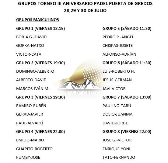 puertadegredos's tweet photo. Horarios Torneo III Aniversario de @puertadegredos! @deportesavila @Aserpadel @Deportedeltieta @DeportesDAV @CandeledaClub https://t.co/zSBBuWjQgt
