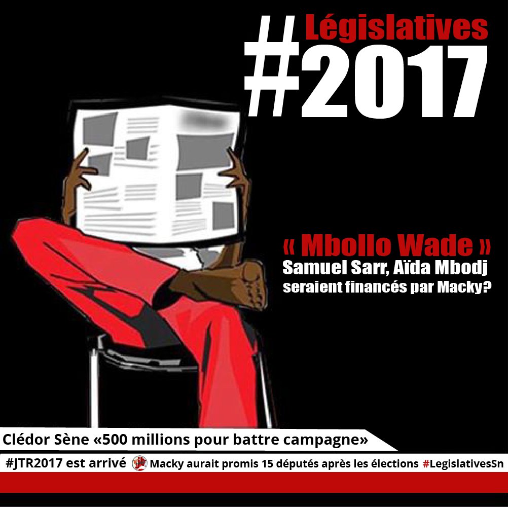 jtronline's tweet photo. #Législatives2017: « Mbollo Wade », Samuel Sarr, Aïda Mbodj seraient financés par Macky!
#LegislativesSn #JournalRappe #Team221 #Kebetu https://t.co/bhkguQJNlr