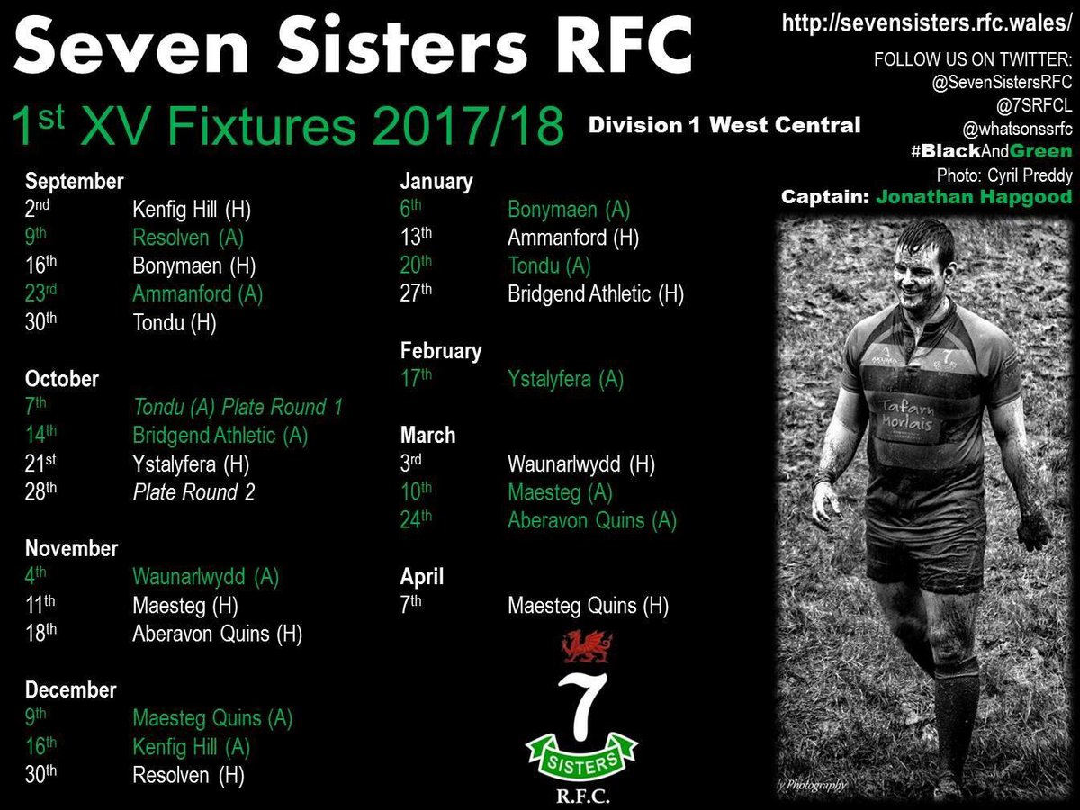 SevenSistersRFC's tweet photo. Fixtures for 1sts and 2nds confirmed for 2017/18 #BlackAndGreen https://t.co/k4CxUF0q4t
