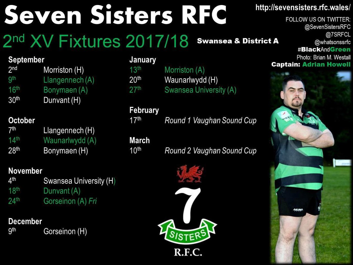 SevenSistersRFC's tweet photo. Fixtures for 1sts and 2nds confirmed for 2017/18 #BlackAndGreen https://t.co/k4CxUF0q4t
