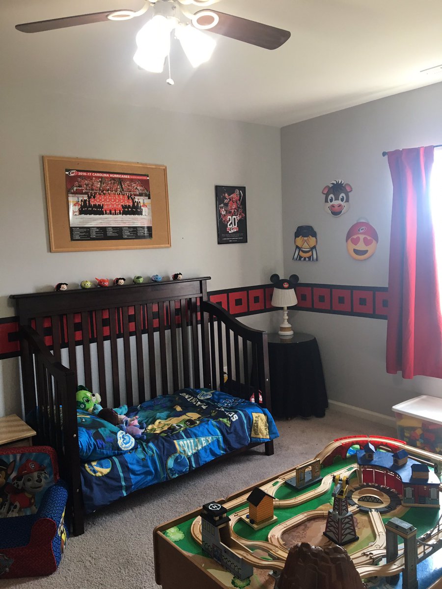 Fuzzyfurr's tweet photo. HEY! @NHLStormy Can you help my #FutureHurricane get a stick to use as a curtain rod? His room is almost perfect! #MomPainted #LotsofTape https://t.co/jQtcEvEP3g