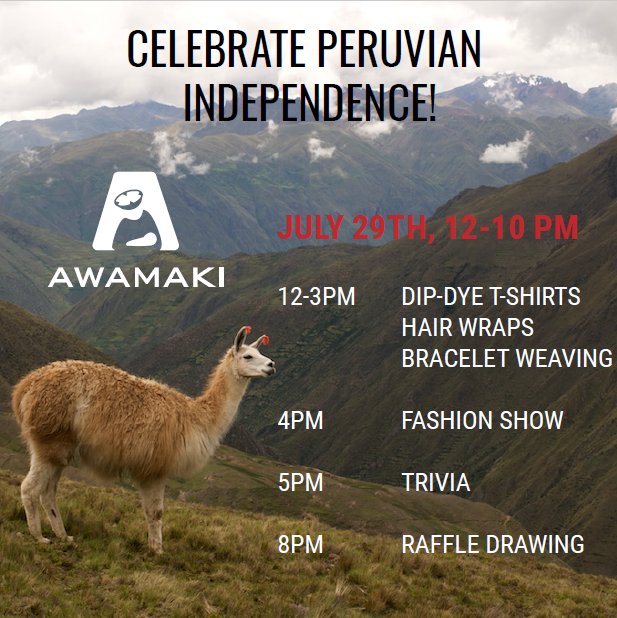 Awamaki's tweet photo. Join us this Saturday, July 29, for music, a fashion show, great beer, trivia, a raffle and more at #awamaki's #fiestafindemes! https://t.co/jdplGUSTSq
