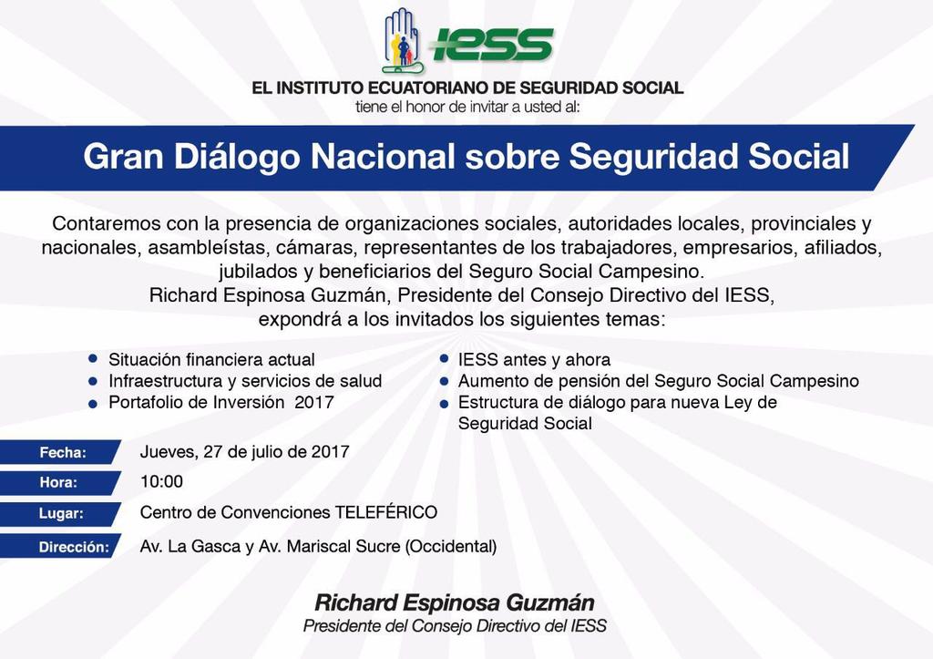 MMastarrenoM's tweet photo. Pdte. Del consejo directivo del #IESS @REspinosa_G participa en el #DialogoNacionaliess junto a representantes de diferentes sectores. https://t.co/vwOQer6IAt