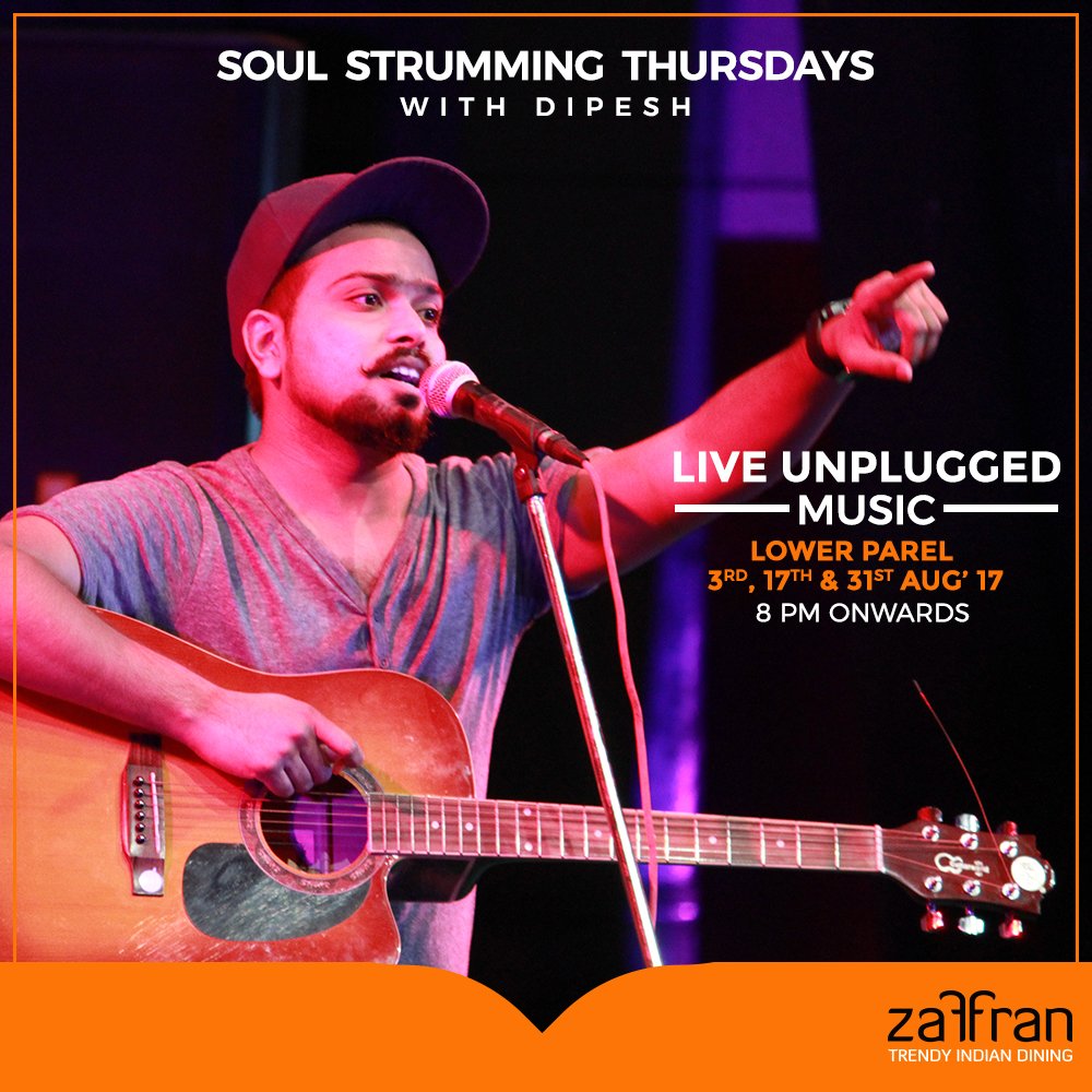 ZaffranRstrnt's tweet photo. Come down to Zaffran, Lower Parel, on Thursdays (3rd, 17th &amp; 31st August) from 8 pm onwards, for enchanting unplugged nights with Dipesh. https://t.co/RjU0v8AxAJ