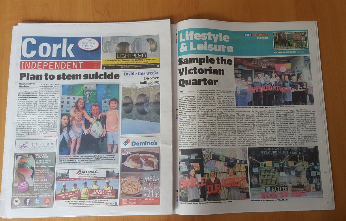 The_VQ_Cork's tweet photo. Have you seen today's @corkindo ? Check it out - a full page about 'Sample Our Street' in @The_VQ_Cork #sampleourstreet #victorianquarter https://t.co/A7rDVCSUB3