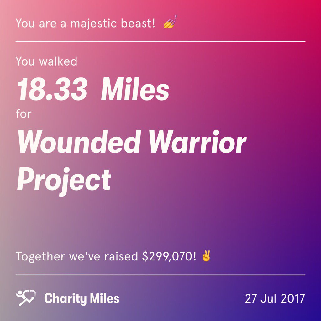PatrickArnold6's tweet photo. 18.3 @CharityMiles for @wwp. Thx 2 #JNJ &amp; @DonateAPhoto. https://t.co/HnE1vv4LHE