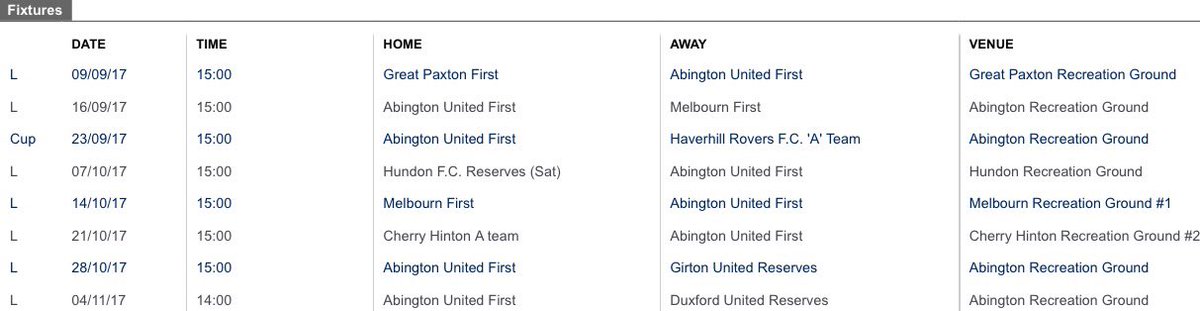 The fixtures are out! Here's how we start the season:
🚌 9/9 Great Paxton
🏠 16/9 Melbourn
🏆 23/9 Haverhill Rovers A

#UpTheAbo