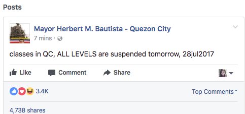 PhilippineStar's tweet photo. @EvaVisperas #WalangPasok: Quezon City suspends classes in ALL LEVELS for tomorrow, July 28, 2017, due to #GorioPH https://t.co/RYKkpUCWSo