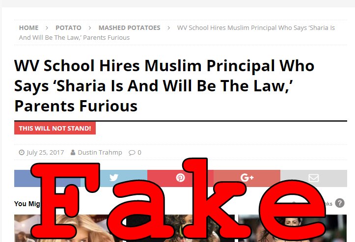 LeadStoriesCom's tweet photo. Fake News: WV School Did NOT Hire Muslim Principal Who Says 'Sharia Is And Will Be The Law' And Has Child Bride
https://t.co/xd6ZCRaHrM https://t.co/lhNDeGzoOj