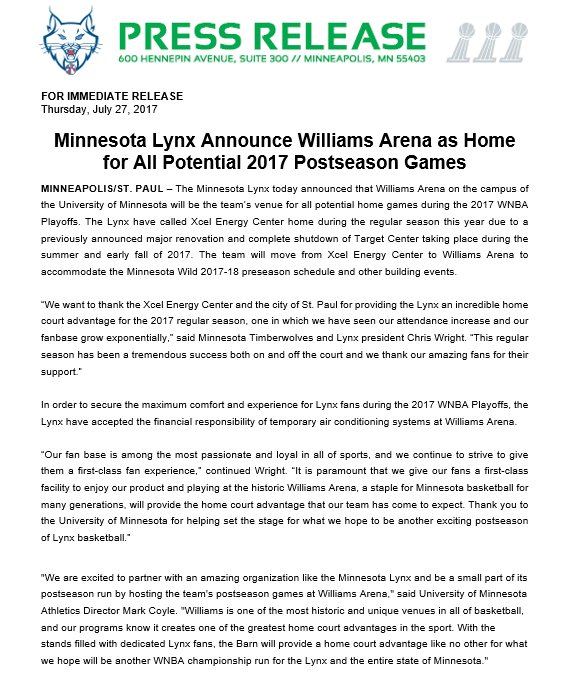 Lynx_PR's tweet photo. NEWS: Minnesota #Lynx Announce Williams Arena as Home for All Potential 2017 Postseason Games. Full release below: https://t.co/kUlMHoQbOX