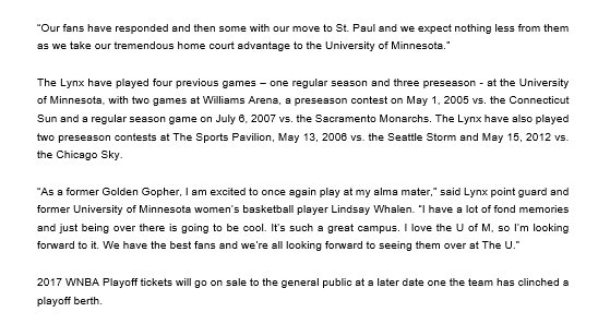 Lynx_PR's tweet photo. NEWS: Minnesota #Lynx Announce Williams Arena as Home for All Potential 2017 Postseason Games. Full release below: https://t.co/kUlMHoQbOX
