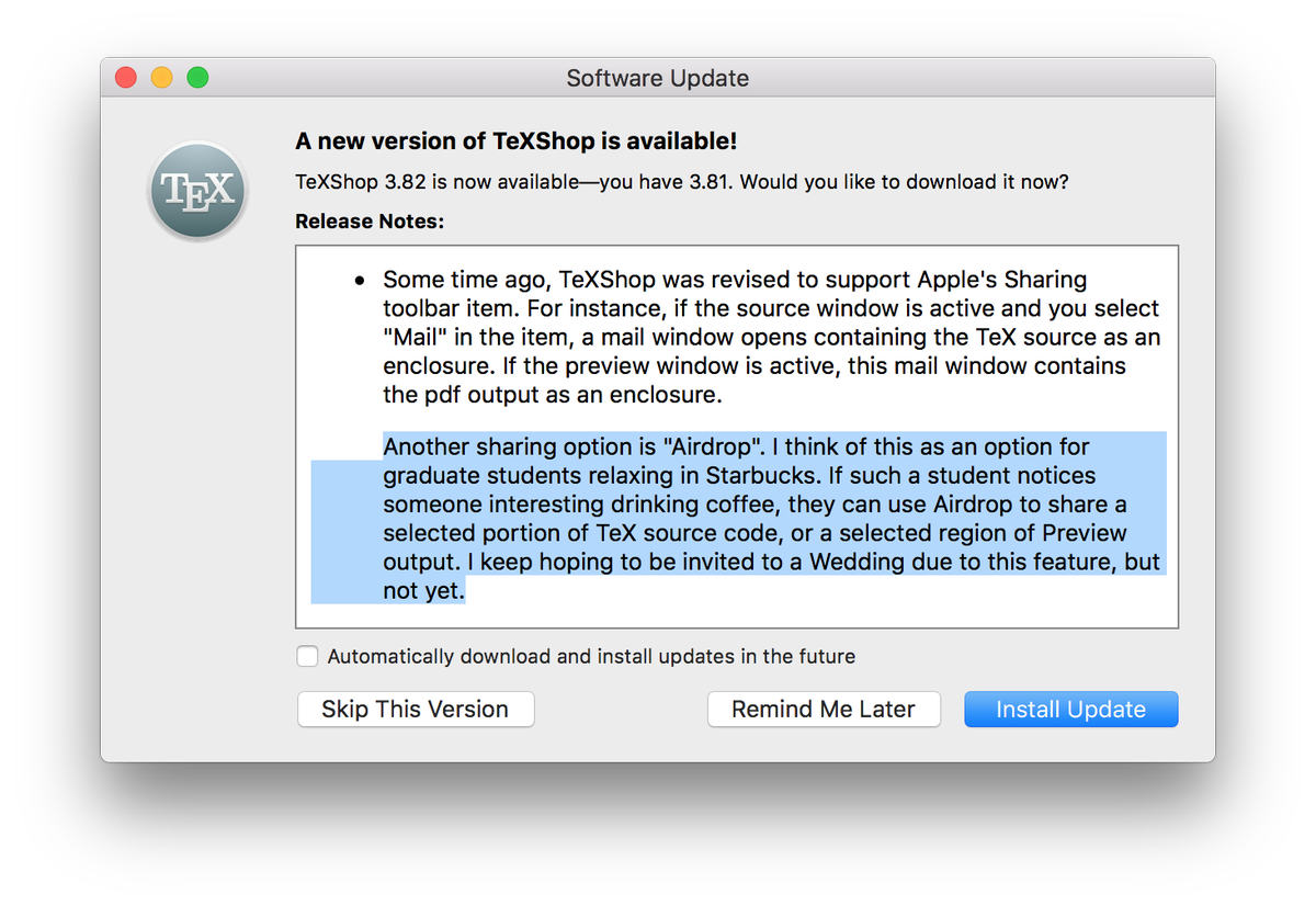 richardhwest's tweet photo. From the #TeXShop release notes 🤣 https://t.co/vKIIzwZfbs